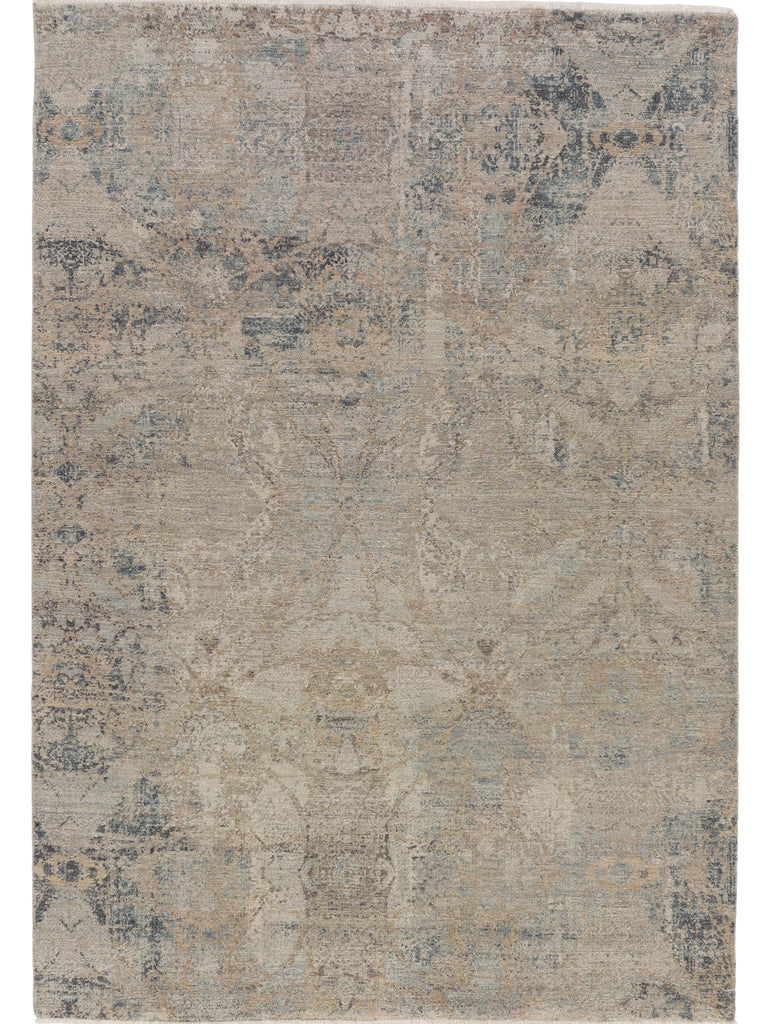 Colton rug 100% wool pile abstract transitional distressed design with blue and warm grey.