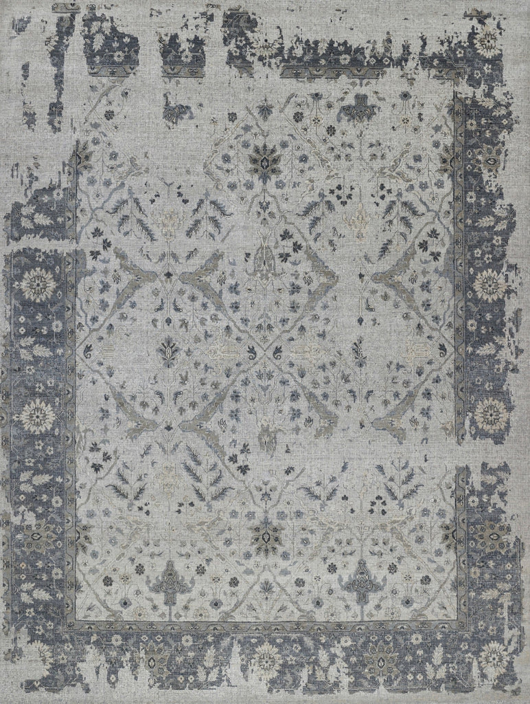 Modern Oushak distressed wool rug with neutral grey, taupe and beige colors with a geometric floral design area rug.