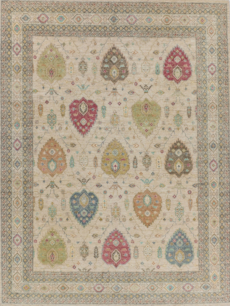 modern traditional, antique style hand knotted wool rug from Pakistan with spear heads and red, orange, blue, teal, brown, ivory, beige and green colors.