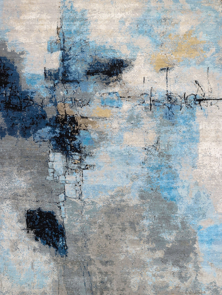 Modern abstract wool and silk rug with ocean colors that include black, sky blue, beige, taupe, ivory/white and grey