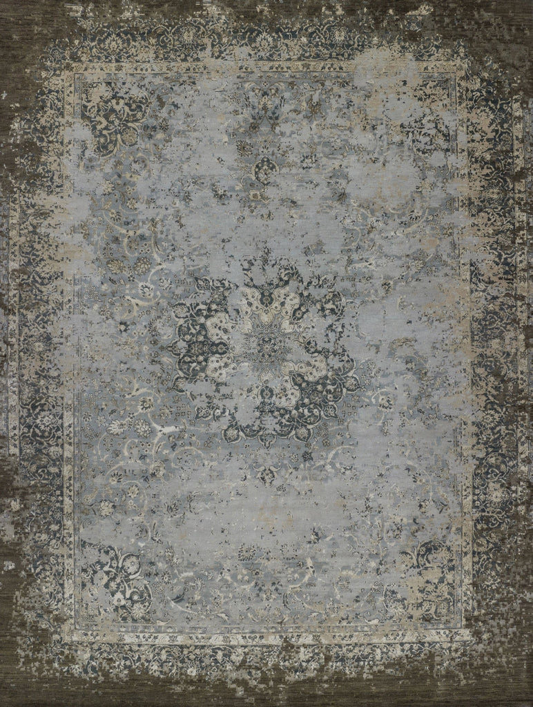 vintage distressed Persian design rug hand knotted of wool and silk with a traditional, but elegant design with modern monochrome grey, taupe, mushroom brown and beige colors.