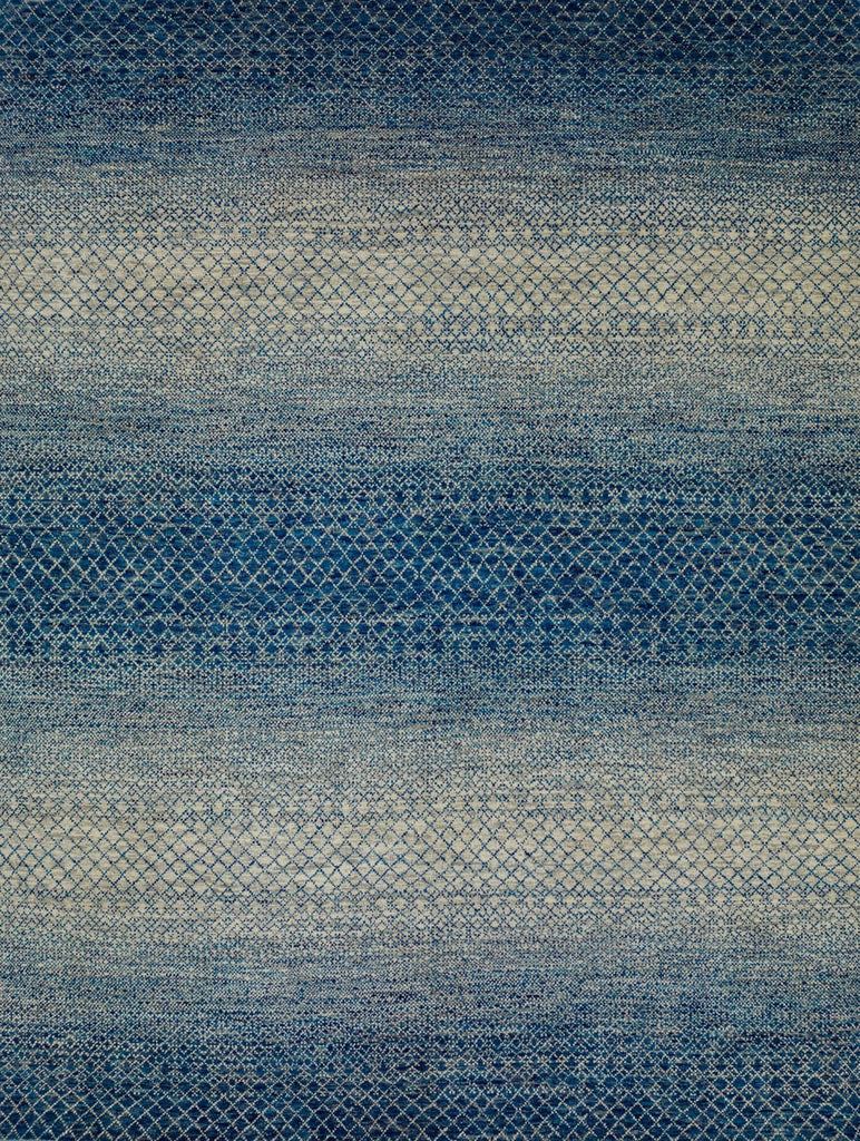 Azure blue ombre rug with a trellis design made of wool and accent beige, grey and neutral linen colors
