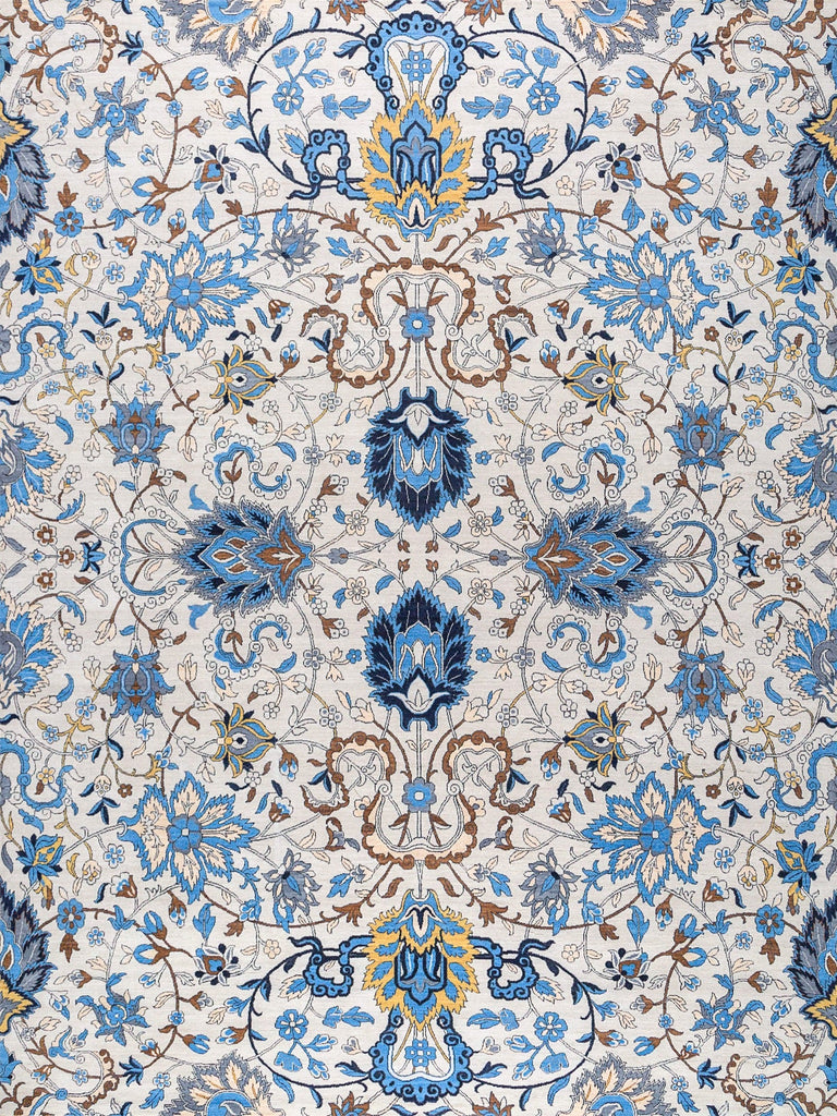 All over pattern, floral oriental hand-knotted colorful wool rug with navy blue, ivory, bright gold, leather brown and neutral colors.