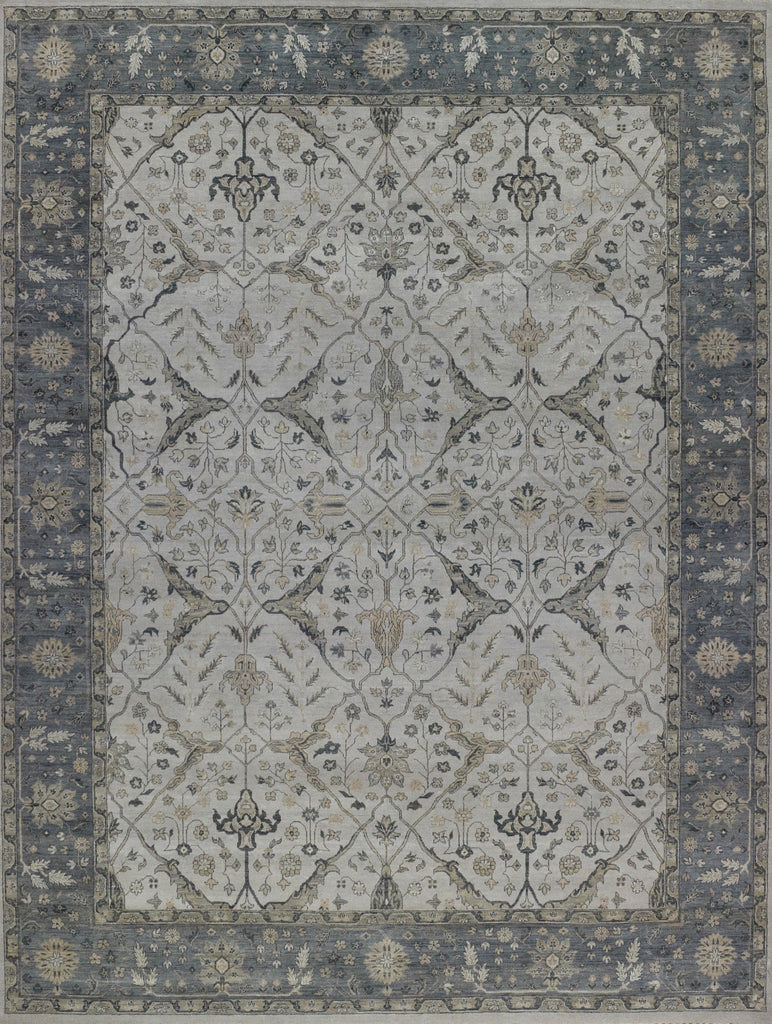 Modern traditional Oushak wool rug with floral pattern and grey, taupe, and beige colors.