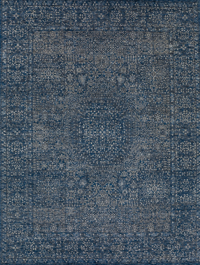 dark blue rug with traditional Egyptian Mamluk design made of wool and viscose with center medallion area rug.