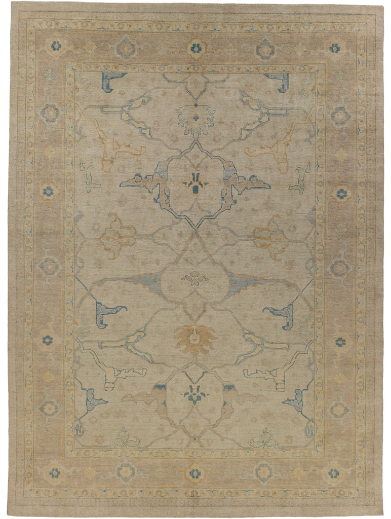 Hand knotted 10x14 Oushak oriental rug with pastel lavender, butterscotch, warm grey and light gold.
