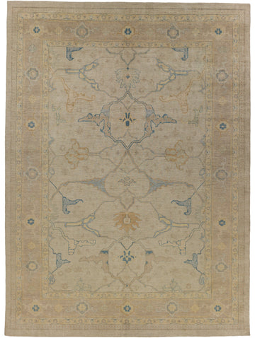 Hand knotted 10x14 Oushak oriental rug with pastel lavender, butterscotch, warm grey and light gold.