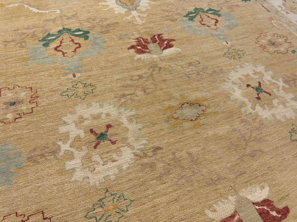 Floral green accent traditional rug 10x14 with ivory. light blue and brown.