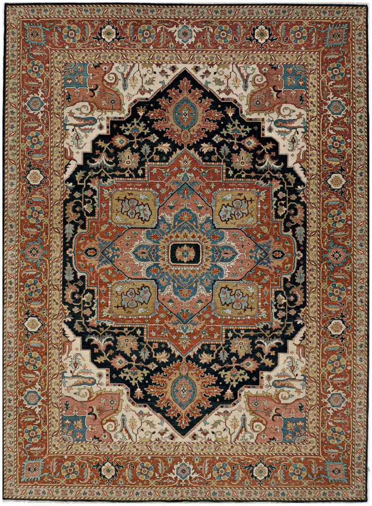 9x12 hand-knotted wool rug with black backdrop, bold medallion, accented in red, beige, green, blue, rust, wheat, brown, and ivory.