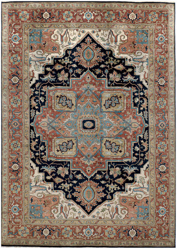10x14 handmade wool Persian Heriz rug with navy, rust red, and multicolor geometric medallion design