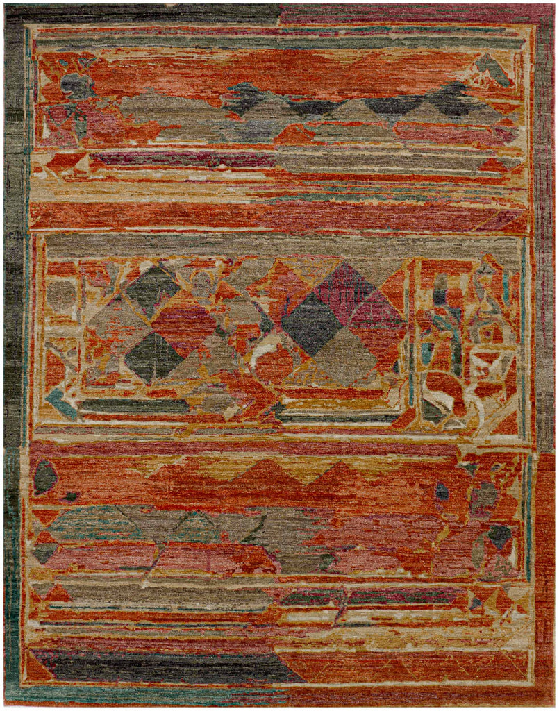 Abstract hand knotted red wool rug with earth tones, teal, coral and green. 8x10 size.