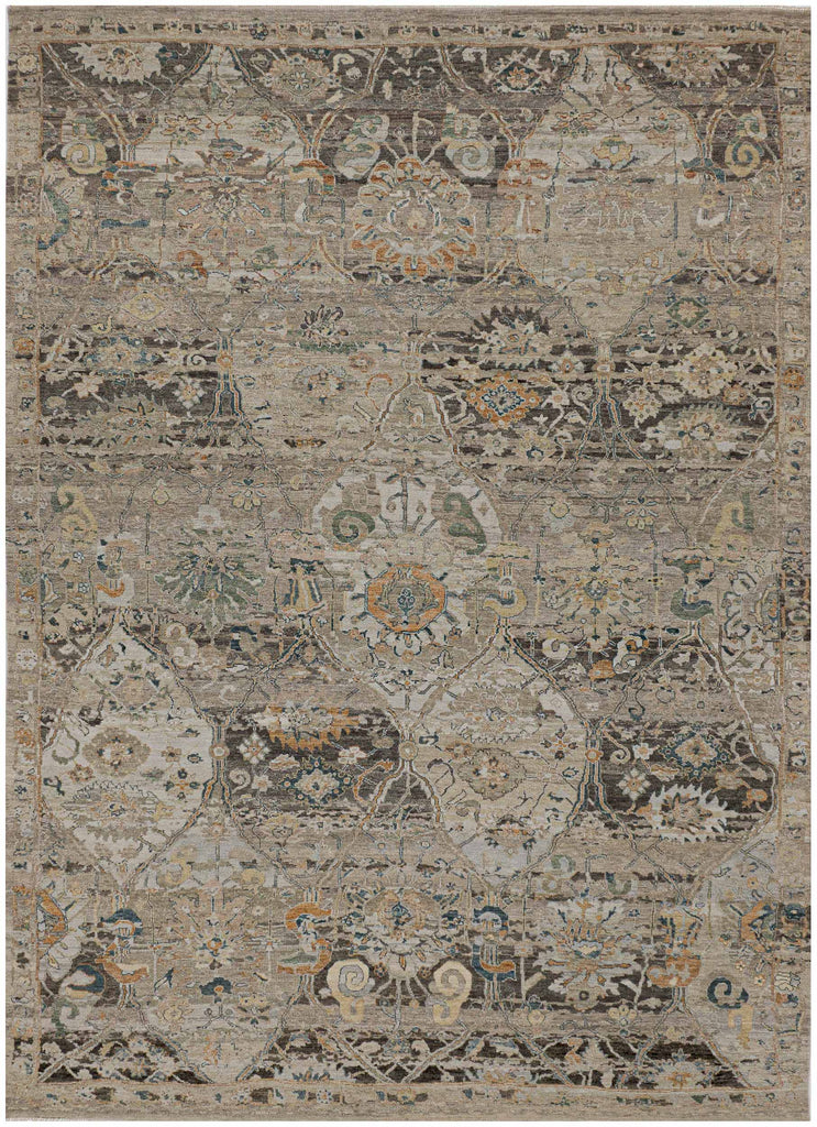 Hand knotted designer wool rug 9x12 in earth tones with allover design and no medallion for transitional style.