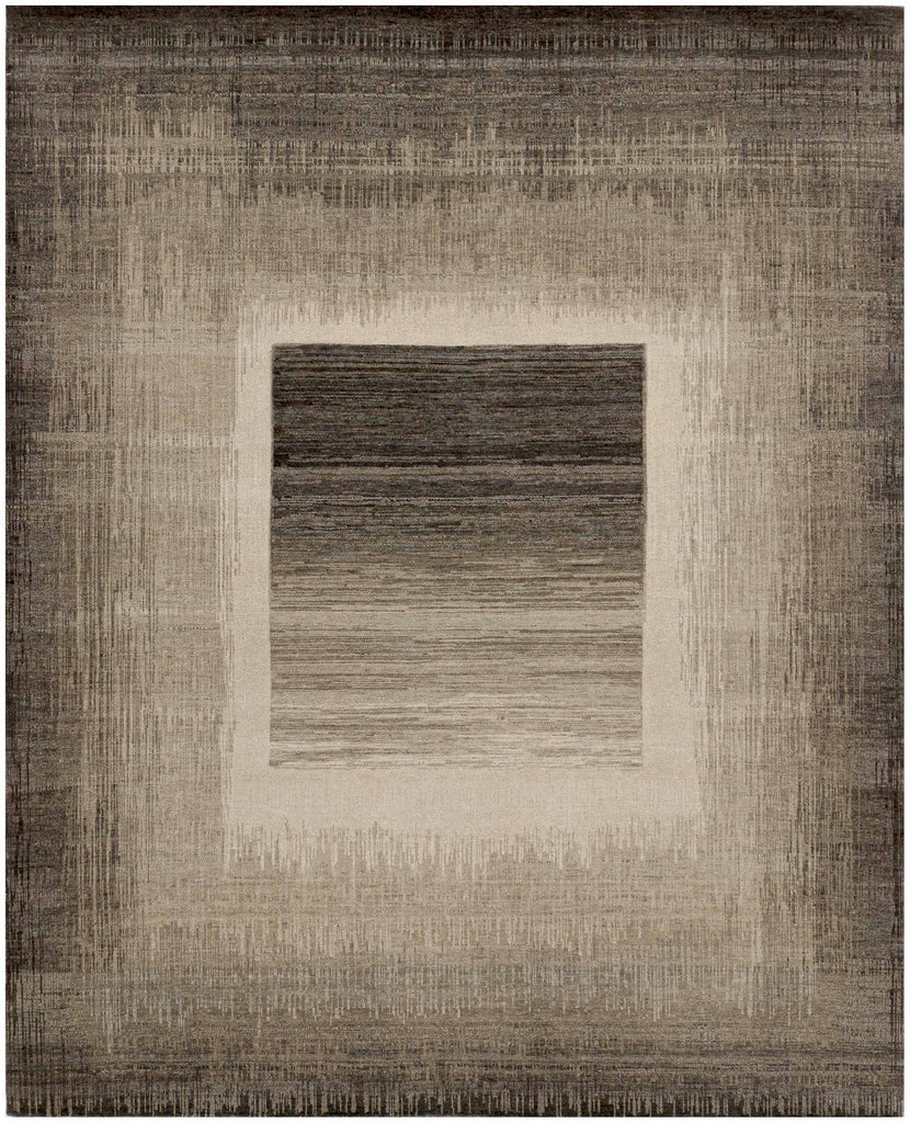 Modern geometric 8x10 brown wool rug with grey, beige, and earth tone accents for designer interiors.