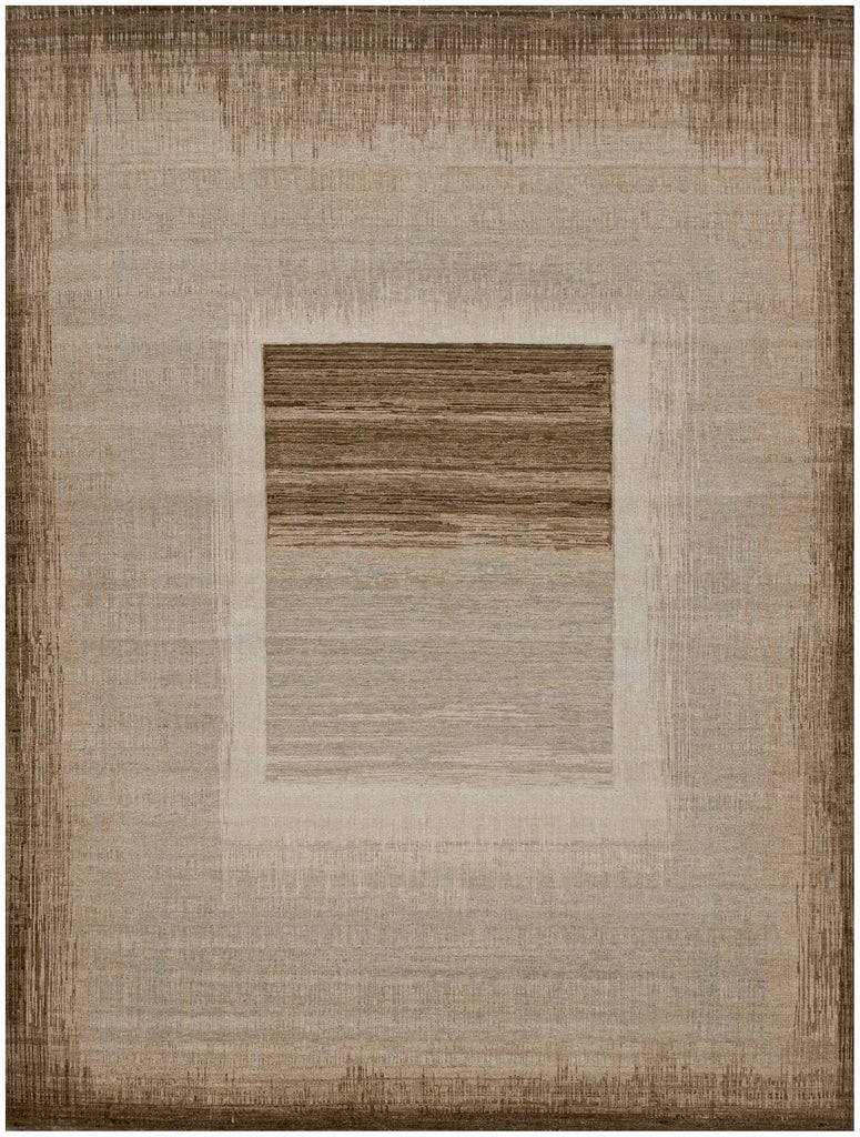 Saddle brown geometric abstract wool rug with beige and cream accents. 9x12 rich hand knotted quality contemporary area rug.