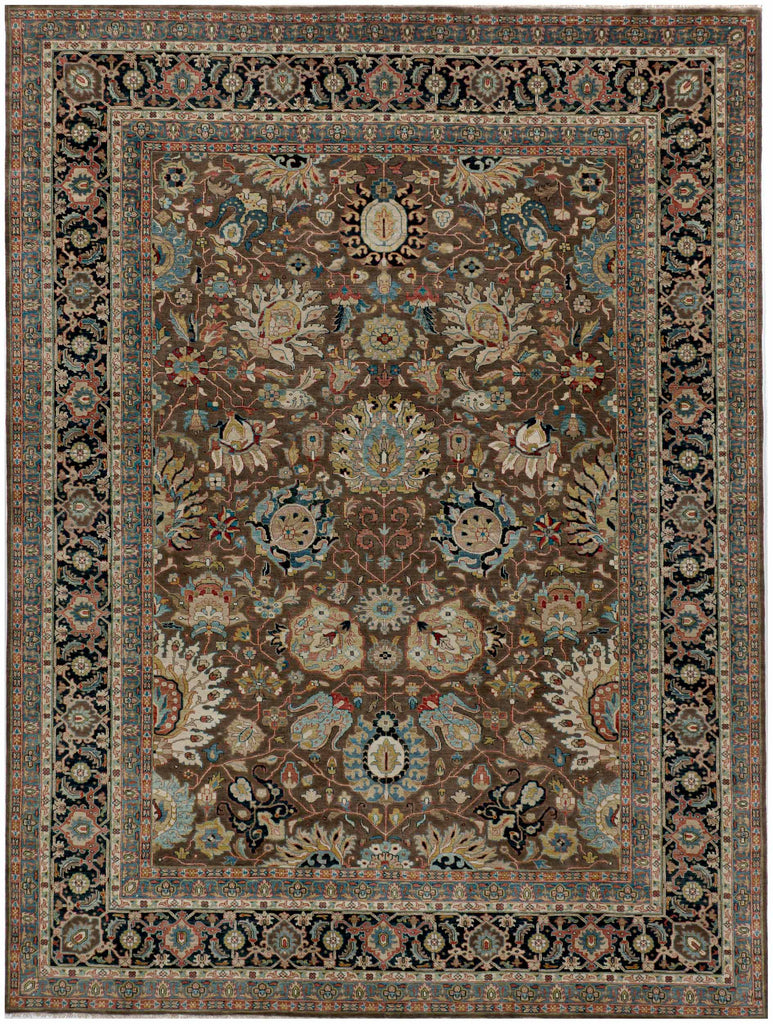 9x12 hand knotted wool rug with chocolate brown background, floral design, and black border.