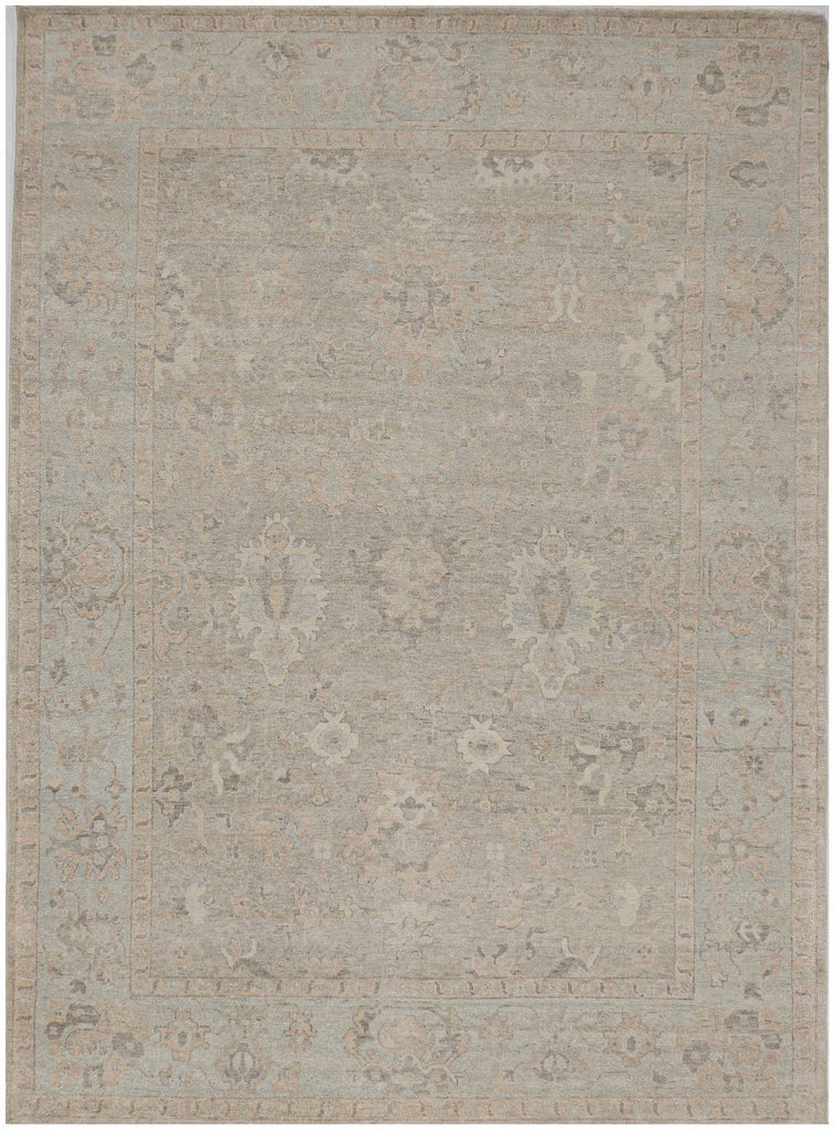 Muted Oushak hand knotted wool rug with stone background and blue grey rain color border in Turkish traditional design, 9x12 faded rug