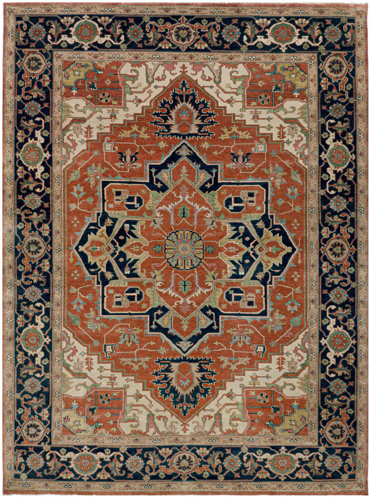 Hand knotted Persian Heriz wool rug with rust red, navy border and medallion design in 9x12 size