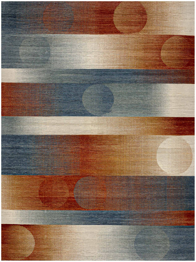 Hand knotted retro abstract modern wool rug in red, blue, gold and ivory white with detailed knots.
