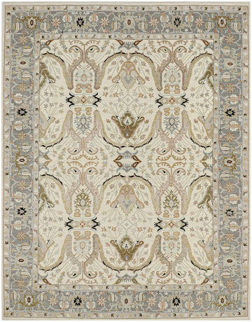 Ivory Persian floral wool rug with grey border and rust, brown, black accents in 8x10 hand knotted design