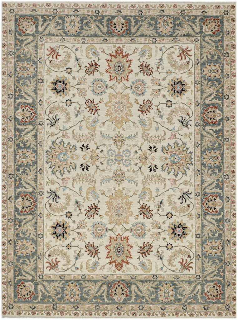 Colorful decorative 9x12 oushak rug with intricate floral patterns and on a ivory background