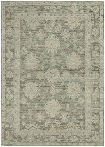Vintage inspired Afghan wool rug with ombre of muted greens blush blue and brown in 8' x 11' size