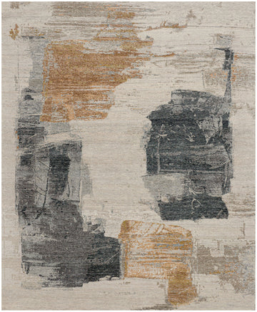 Modern abstract wool and silk rug with black gold beige and silver accents in 8x10 size.