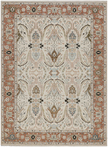 9x12 hand knotted wool rug with neutral field, clay orange border, and bold wavy Persian motifs accented in black, blue, beige, brown, and green.