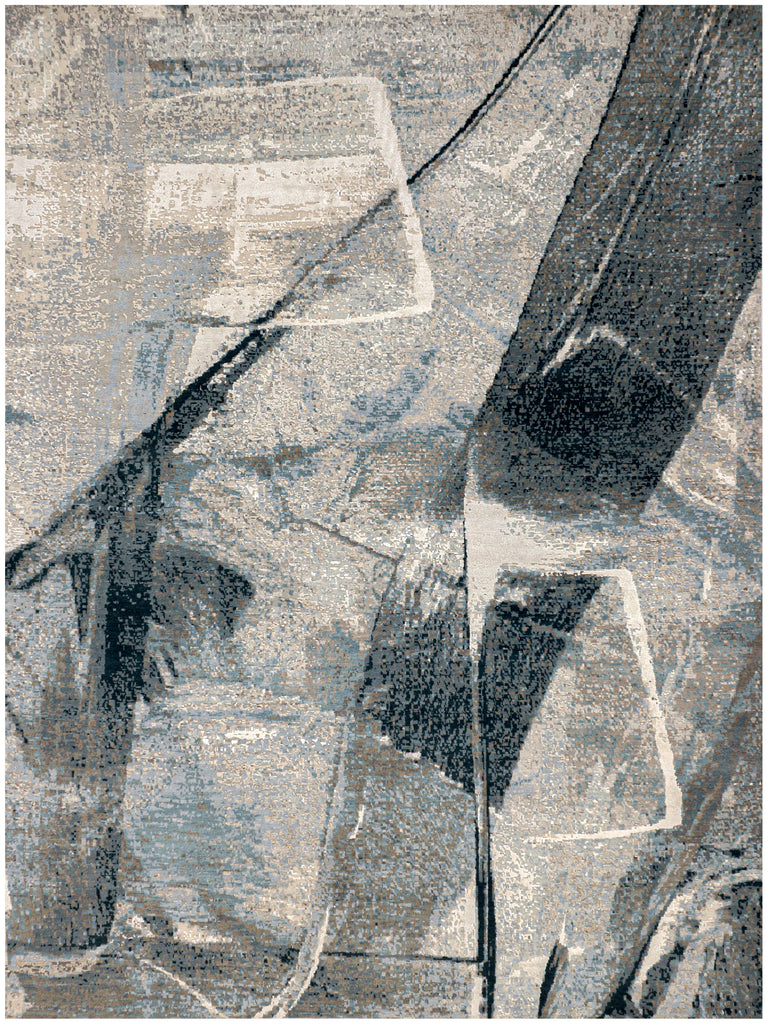 9x12 hand knotted wool and silk rug with high-low textured finish, abstract design in ice blue, black, white, grey, and champagne beige.