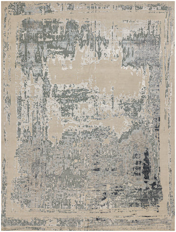 9x12 Tibetan weave wool and bamboo silk rug with cream background, silver, warm grey, slate green, and midnight blue accents in a contemporary design.