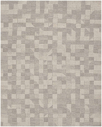8x10 hand knotted wool rug with neutral quilt-inspired geometric pattern, high-low pile, and soumak weave for added depth and texture.