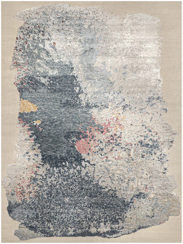 9x12 hand knotted wool and bamboo silk rug with creamy beige background, abstract high-low design in navy, silver, grey, gold, pink, and rust tones.