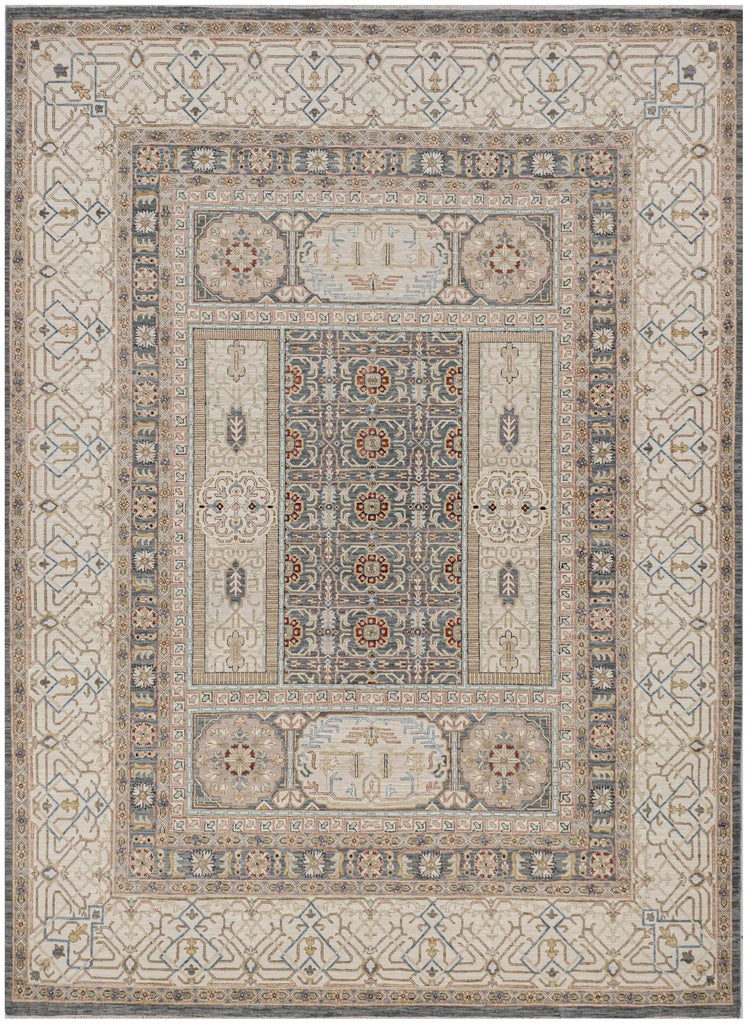 9x12 hand knotted wool rug with Mamluk-inspired geometric floral design, ivory and beige field, denim blue details, and red, green, and gold accents.