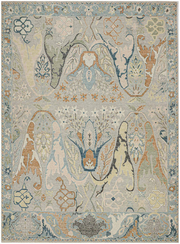 9x12 hand knotted wool rug with muted gray background, light blue border, and Persian Bidjar floral design in multicolor accents of black, pink, green, navy, ivory, and beige.