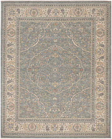 8x10 hand knotted wool rug with large medallion, grey-blue background, beige border, and Persian-Turkish floral motifs in gold, red, brown, and green.