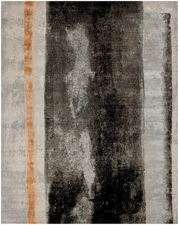 8x10 hand knotted wool and silk rug with black abstract design, carved high-low finish, and accents of taupe, silver blue, beige, and orange.