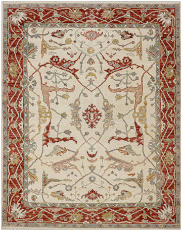 8x10 Oushak-style hand knotted wool rug with beige ground, red border, and floral motifs in muted pink, green, ivory, gold, and brown.