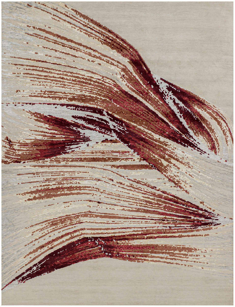 9x12 hand knotted wool and bamboo silk rug with abstract red design on beige base, highlighted with silver, copper, and champagne tones.