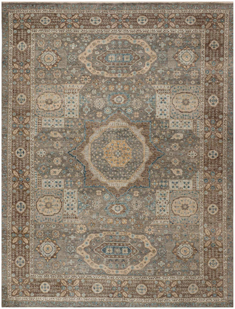 9x12 distressed hand knotted wool rug with chocolate brown field, medallion-style Mamluk geometric pattern, and beige and blue highlights.