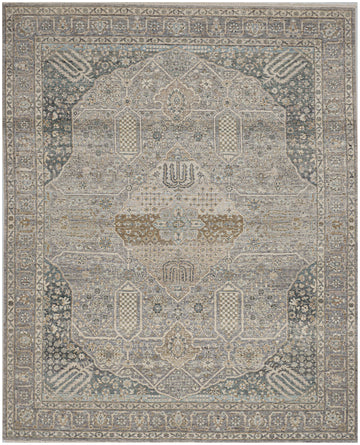 8x10 indigo grey hand knotted wool rug with center medallion, distressed finish, and floral geometric pattern.