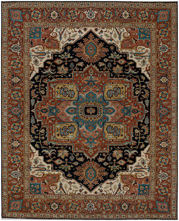 8' x 10' Persian Heriz inspired wool rug in midnight blue and rust with bold geometric pattern