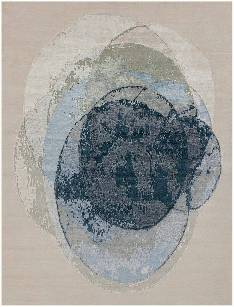 9' x 12' abstract beige and blue hand knotted wool and bamboo silk rug with bold watercolor design