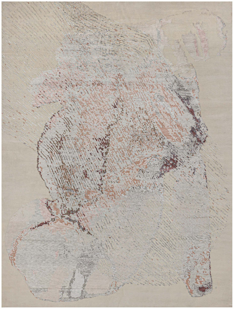 9' x 12' abstract champagne beige and pink hand knotted wool and bamboo silk rug with carved texture