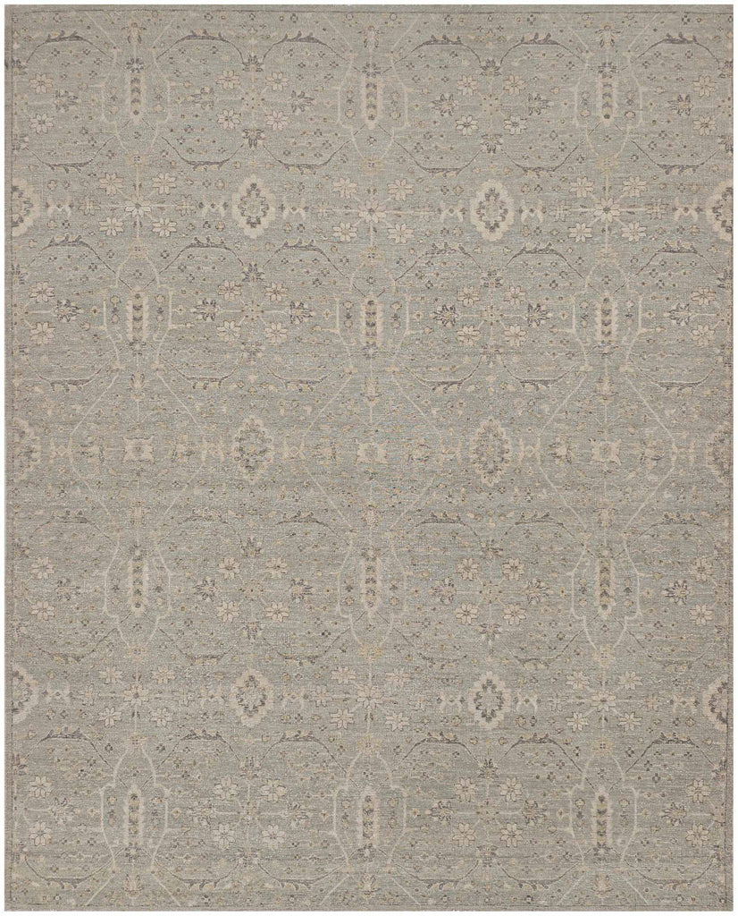 8x10 hand knotted rain blue wool rug with distressed geometric and floral pattern in grey, beige, and ivory tones, borderless design.