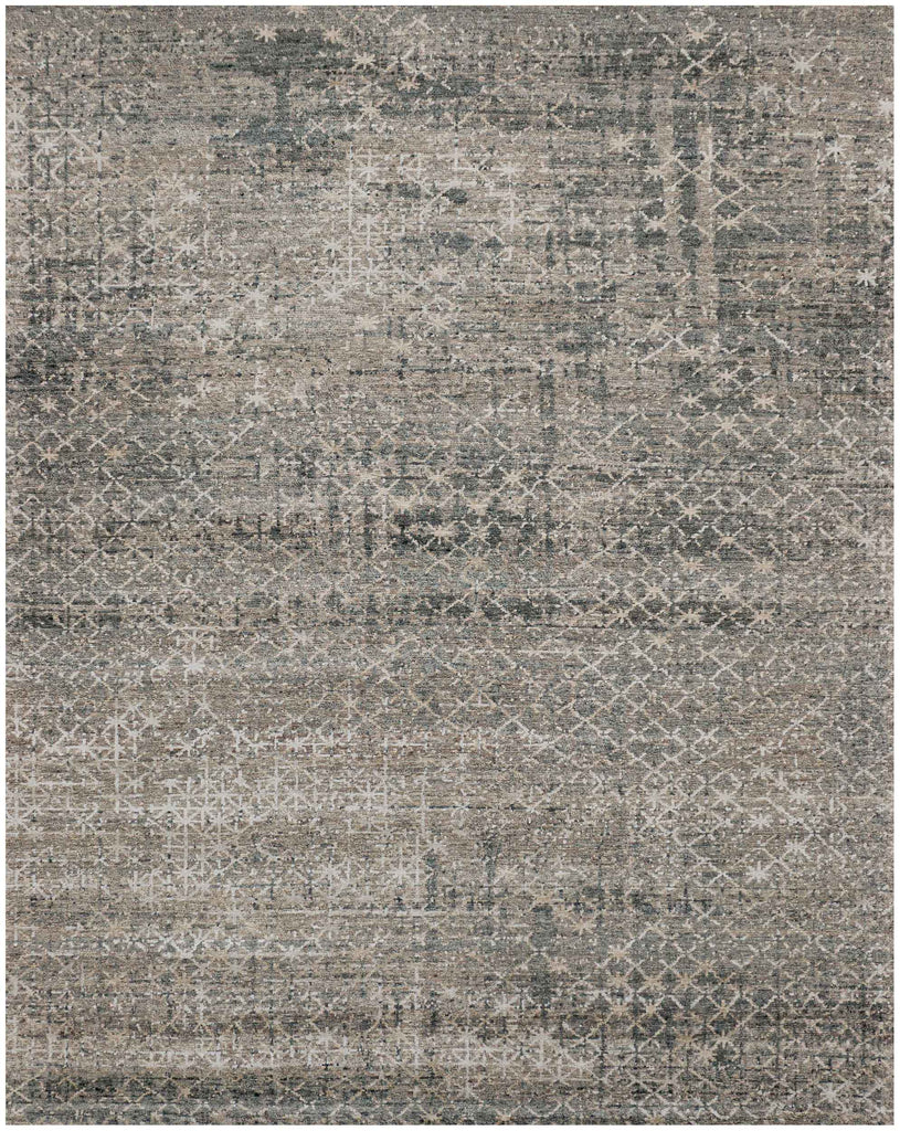 8x10 hand knotted rug with taupe and slate green diamond pattern, silk highlights, and low distressed carved pile.