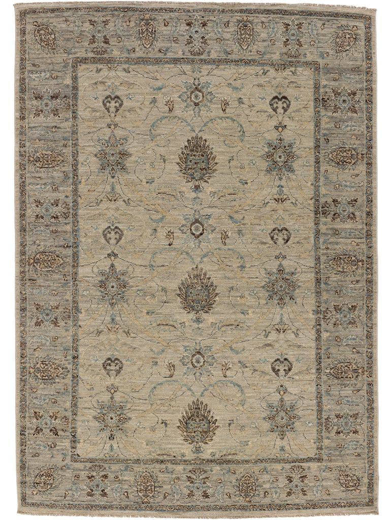 5x7 traditional greige rug with blue flowers and brown accents.