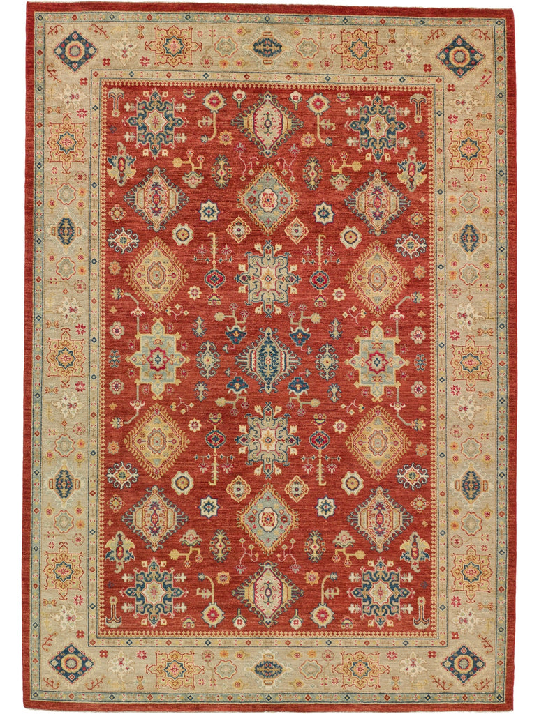 Roya Rugs vibrant tomato red southwest oriental rug 6x9 with navy blue, spa and gold.