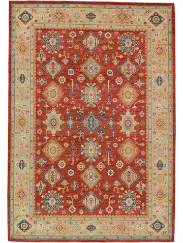 Roya Rugs vibrant tomato red southwest oriental rug 6x9 with navy blue, spa and gold.