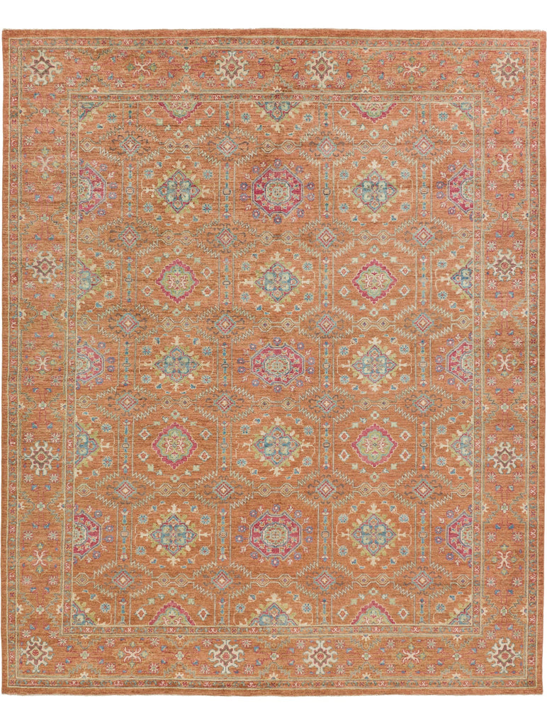 8x10 Persian oriental orange clay wool area rug with lime green, dragonfruit and light blue.