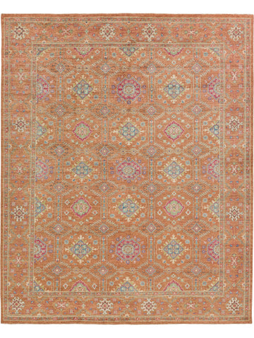 8x10 Persian oriental orange clay wool area rug with lime green, dragonfruit and light blue.