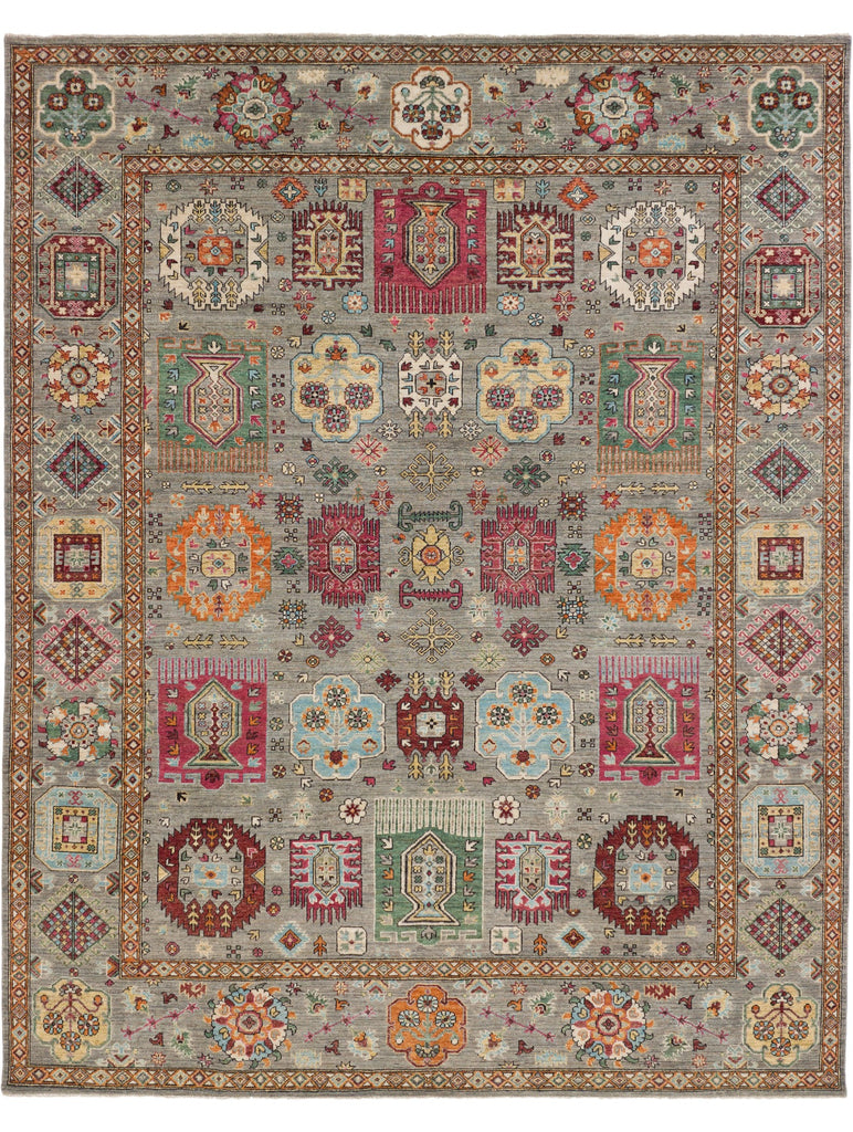 Roya Rugs 8x10 hand knotted colorful southwest rug with raspberry, grey, orange, burgundy, wine red, green and pink.